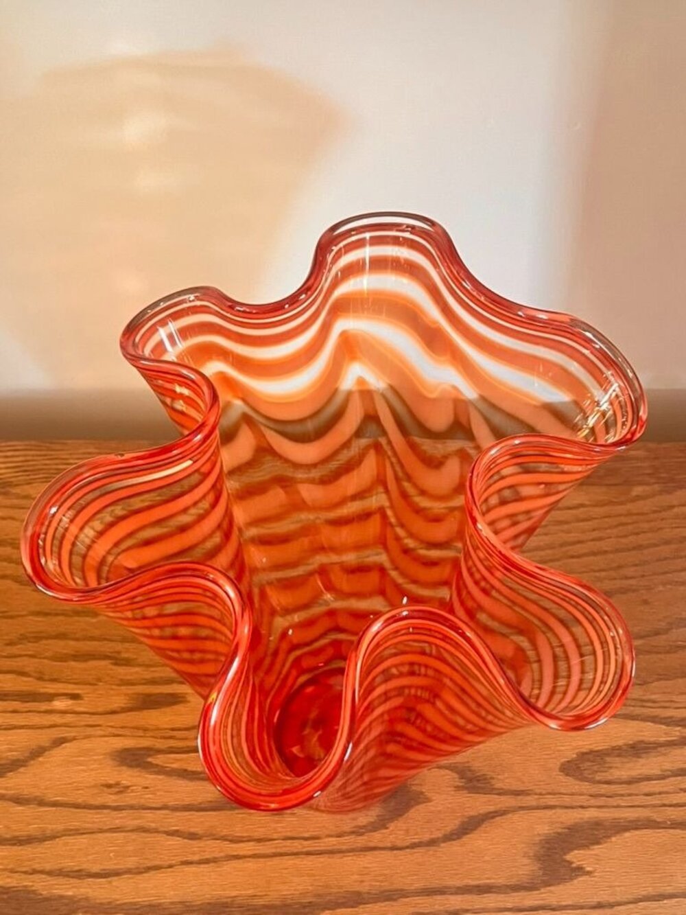 Royal Gallery Poland Orange Handkerchief Art Glass Vase 12" Rippled Design